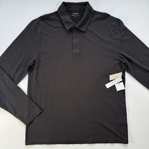 NWT VINCE Long Sleeve Polo Shirt Mens Medium Black Brown Cotton Made Peru